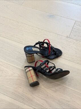 Burberry Black & Red Strappy Block Heel Sandals with Signature Check Heel